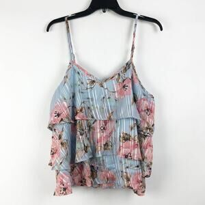 Cassee Womens Tank 2X Blue Pink Floral Print V-Neck Sleeveless Tiered Top NWOT